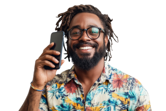Portrait of pleased handsome man using mobile phone isolated over PNG