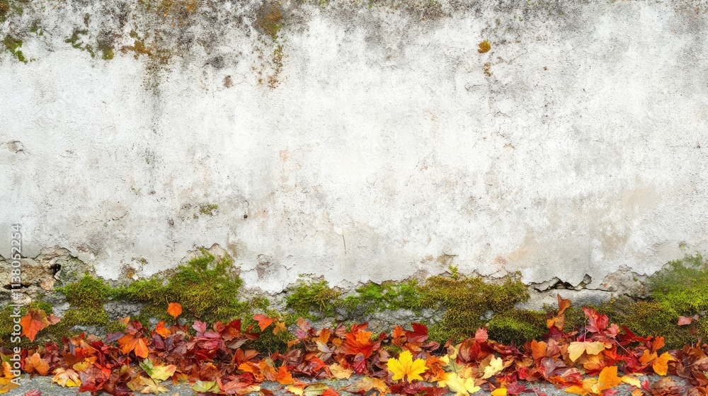 Poster old stone wall with moss and autumn leaves creating a textured background in a natural setting captu