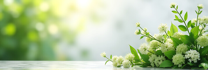 Elegant marble background showcases a vibrant display of fresh green florals in a serene and beautiful natural setting outside._00002_