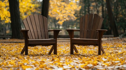 Wooden chairs in a serene park setting surrounded by vibrant yellow autumn leaves inviting relaxation and peaceful reflection