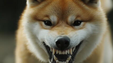 Fototapeta premium Akita Inu Displays Strong Teeth and Fierce Expression in Natural Setting