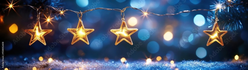 Poster shimmering golden stars hang on a festive string, illuminating a vibrant blue background with sparkl