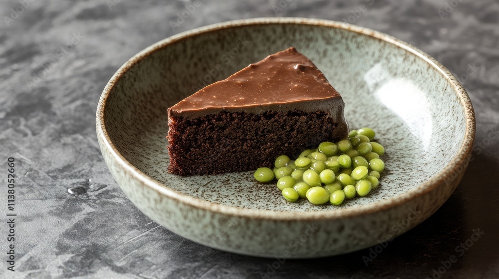 Poster chocolate cake slice served in a rustic bowl with a base of vibrant green beans creating a striking 