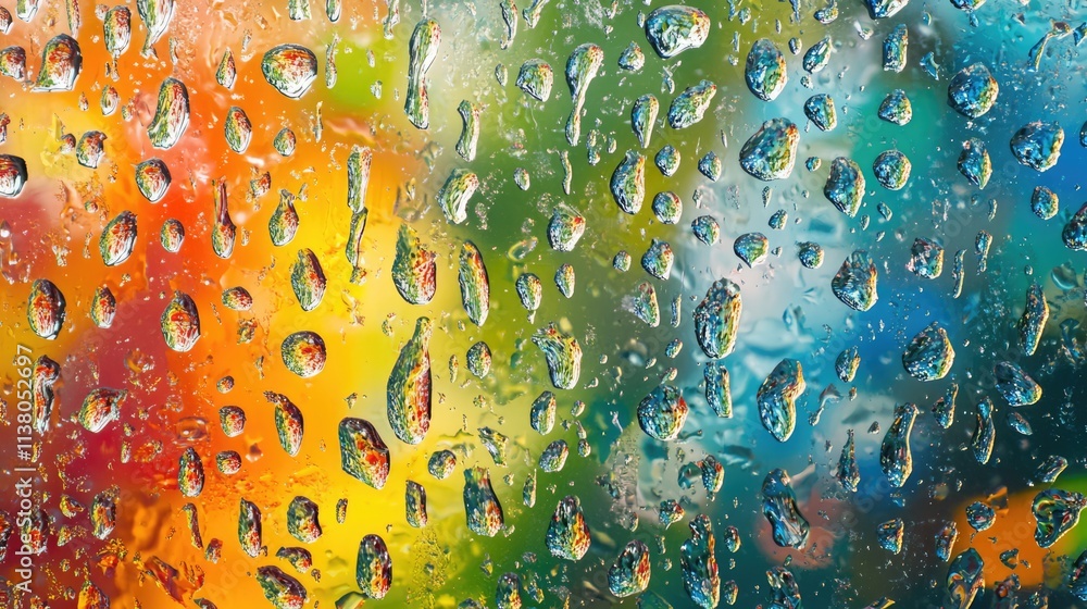 Poster colorful abstract background with raindrops on a glass window creating a textured effect and a vibra