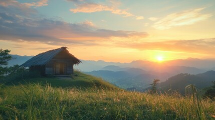 Serene sunrise over a rustic hut on a hill with lush greenery and distant mountains in the background creating a peaceful atmosphere
