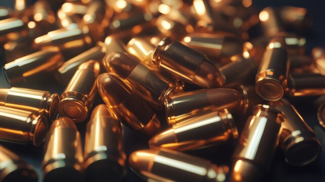 Close-up view of scattered 9mm bullets showcasing their metallic casing and intricate details against a dark background.