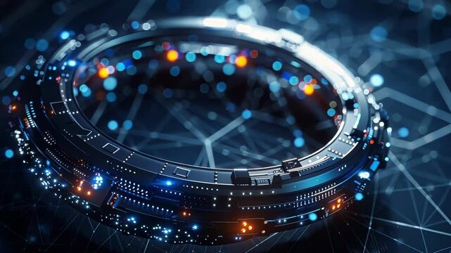 Futuristic technological circle rotating with blue and orange lights, representing innovation and advanced technology in a dark digital environment
