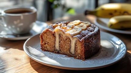 Delicious slice of homemade banana cake served with coffee on a wooden table perfect for a cozy afternoon treat.