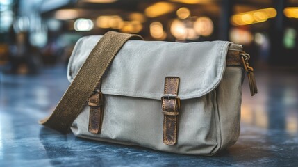 A stylish messenger bag featuring a muted color and practical design rests on a smooth surface, perfect for urban use.
