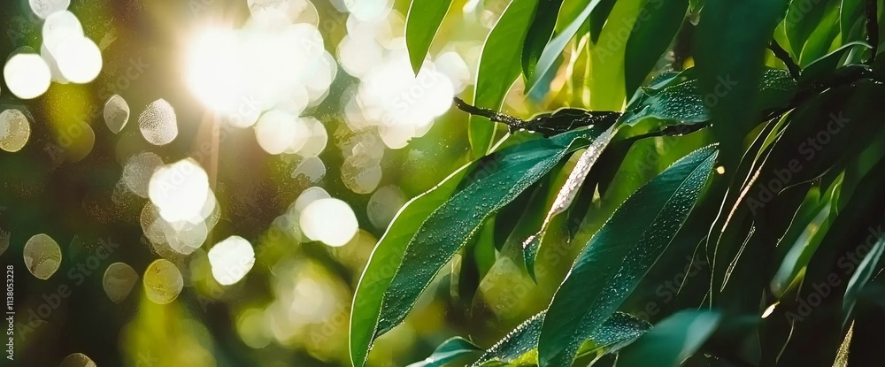 Aufkleber a blurred background of green leaves with circular bokeh, ideal for abstract designs, nature concept