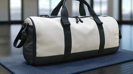 This image showcases a sleek gym bag on a yoga mat, emphasizing modern design. Ideal for branding or presentation purposes in fitness and fashion.
