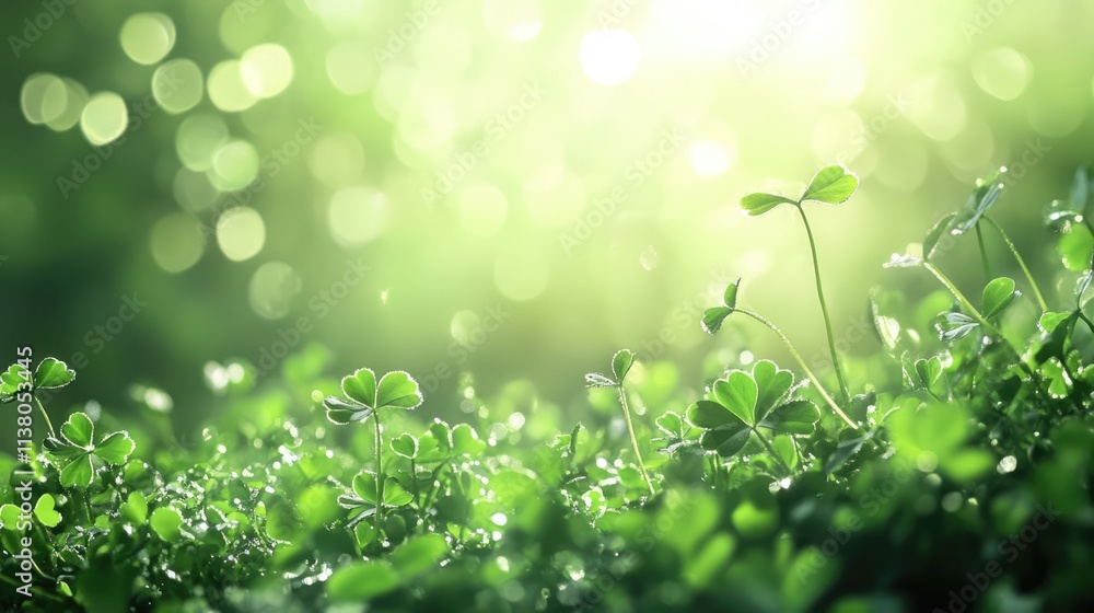 Poster vibrant sunlight illuminating lush green clover leaves with a soft bokeh background creating a tranq