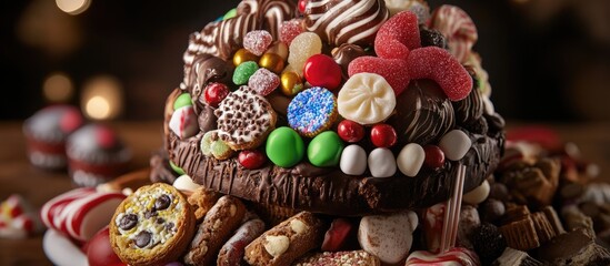 Decadent Panettone Displayed with Colorful Candies and Assorted Biscuits Perfect for Festive Celebrations and Holiday Treats