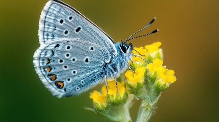 Obraz premium Blue butterfly resting on a vibrant yellow flower stem in a soft blurred background showcasing nature's delicate beauty