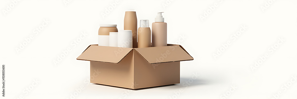 Aufkleber Ecommerce concept with a group of products in a box placed on a simple white background to showcase orders._00001_