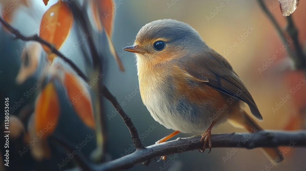 Poster close-up of a small tomtit bird perched on a tree branch surrounded by colorful autumn leaves in sof