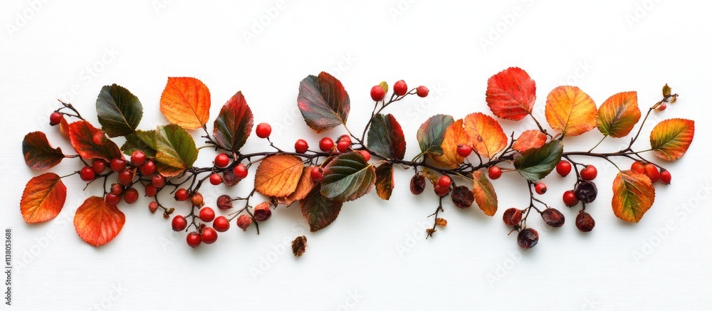 Poster Autumnal flat lay arrangement of colorful leaves and berries on a white background with ample negative space for text and design applications