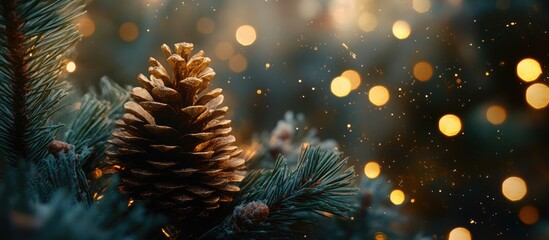 Golden pine cone on a tree branch with soft bokeh lights creating a dreamy festive atmosphere ideal for holiday themed designs.