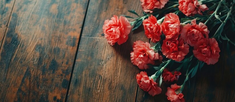 Decorative blank card design with vibrant carnation flowers on rustic wooden surface ideal for greeting messages and heartfelt notes