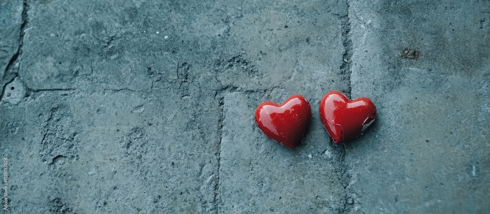 Poster pair of small red hearts on a textured gray surface symbolizing love and affection in a romantic set