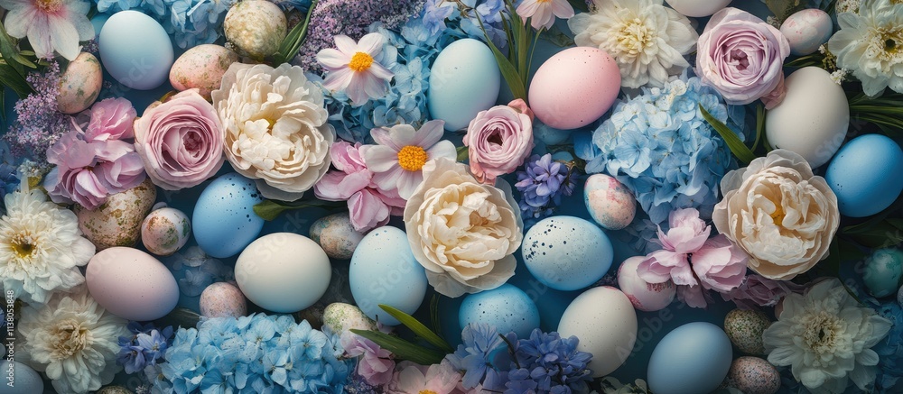 Poster easter eggs surrounded by spring flowers in a colorful arrangement with a blank space for text or br