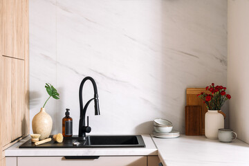 Modern kitchen sink with black faucet featuring decorative plants and dishware