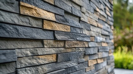 Textured stone wall of an outdoor space showcasing diverse colors and materials, ideal for architectural and landscaping themes.