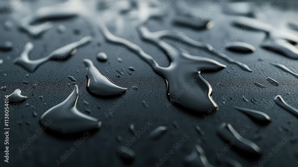 Aufkleber wet ground surface with water droplets reflecting light showcasing textures and patterns in a moody,
