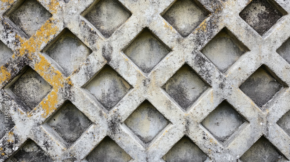 Poster textured gray concrete fence background featuring an intricate square pattern with weathered details