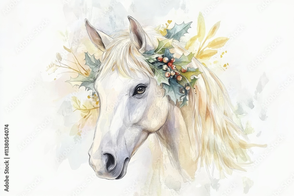 Wall mural A white canvas featuring a watercolor portrait of a Christmas horse with a wreath.