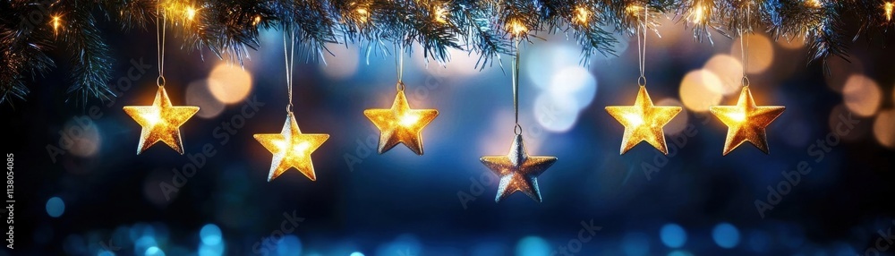 Poster glowing golden stars hanging from a festive tree, creating a magical holiday atmosphere with soft bo