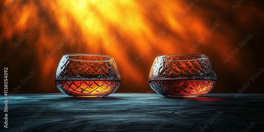 Poster a glass of wine is on a table with a bunch of oranges. the wine glass is half full and the oranges a