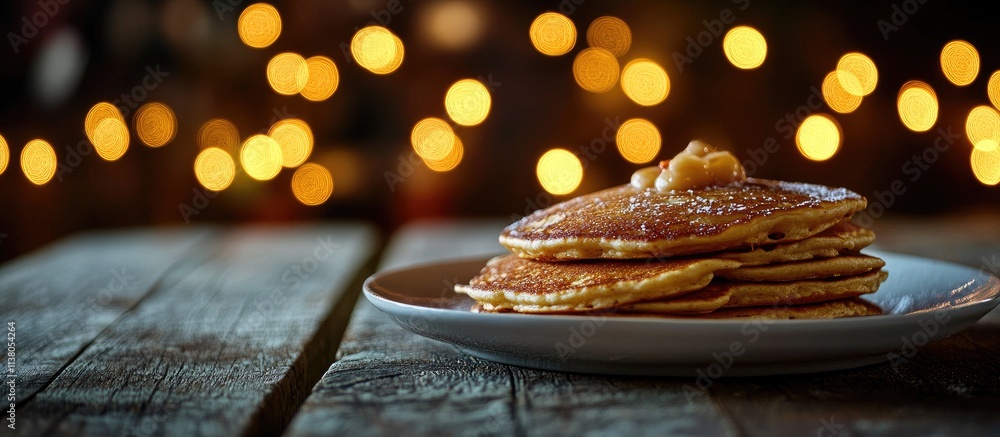 Poster freshly made pancakes on a rustic wooden table with warm bokeh lights creating a cozy and inviting c