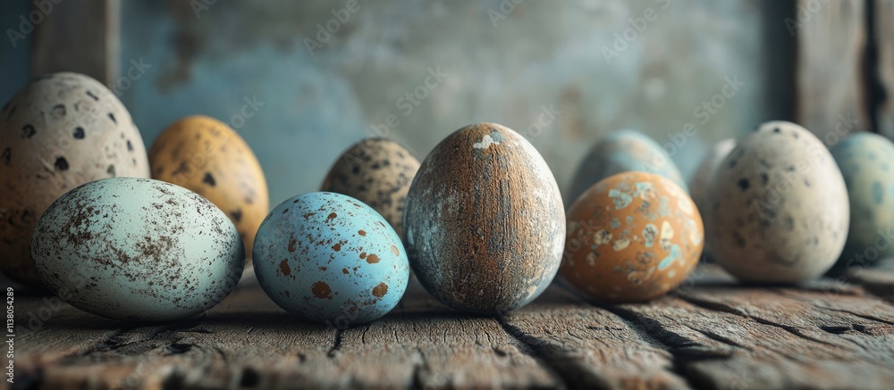 Poster colorful vintage easter eggs arranged on weathered wooden table with rustic backdrop capturing a fes