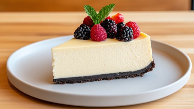 Delicious Cheesecake Slice with Berries Topping Cozy Cafe Setting Food Photography Bright Natural Light Gourmet Dessert Concept