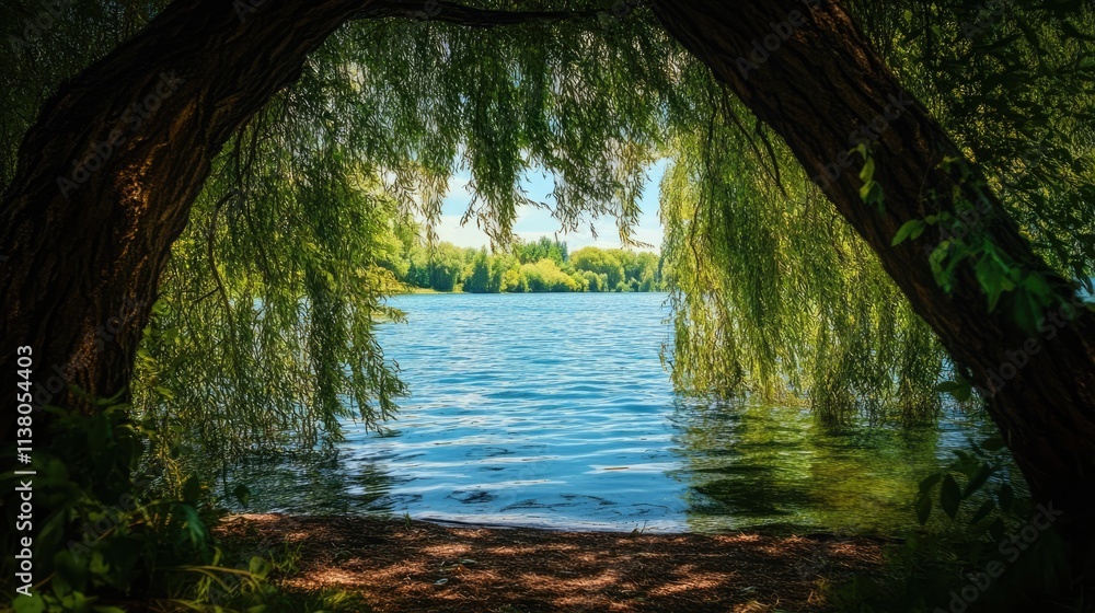Poster scenic view of a tranquil lake framed by the lush branches of an ancient willow tree creating a sere