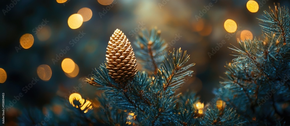 Poster golden pine cone on a tree branch illuminated by soft bokeh lights creating a warm and festive atmos