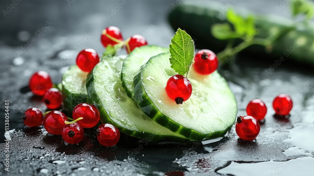 Poster freshly sliced cucumber with vibrant red currants on a dark background highlighting refreshing ingre