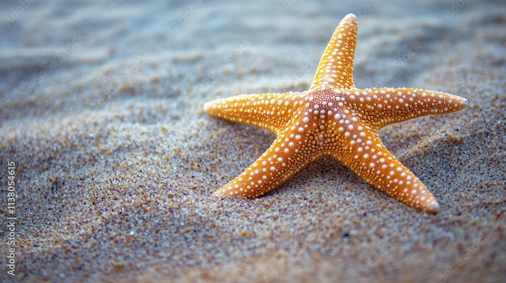Poster serene beach sand background featuring a starfish with ample copy space for text or branding element