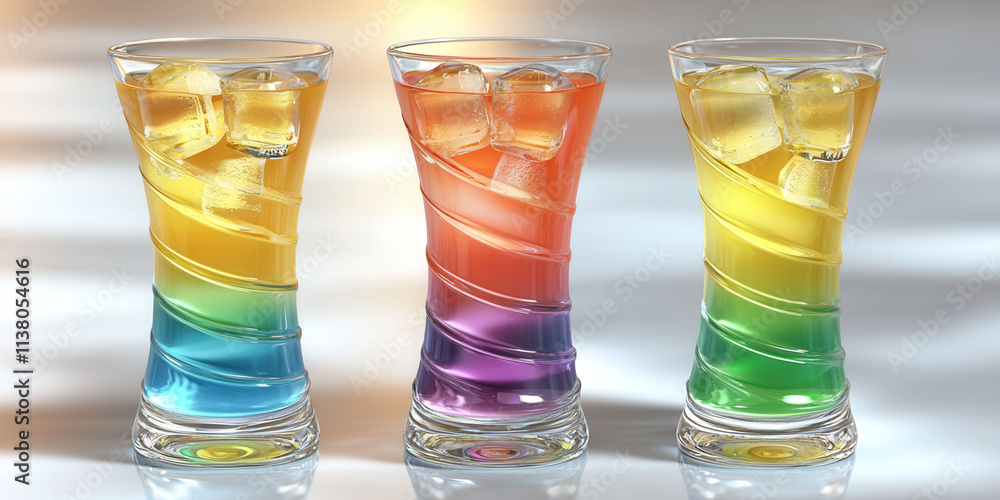 Aufkleber three colorful drinks in glasses with ice cubes. the drinks are in a row and are of different colors