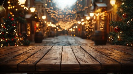 Festive kitchen backdrop with empty wooden table in foreground, Christmas tree and twinkling lights creating a warm, cozy atmosphere for holiday.