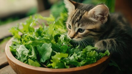 Curious kitten exploring a fresh seasonal salad in a wooden bowl amid a lush green background