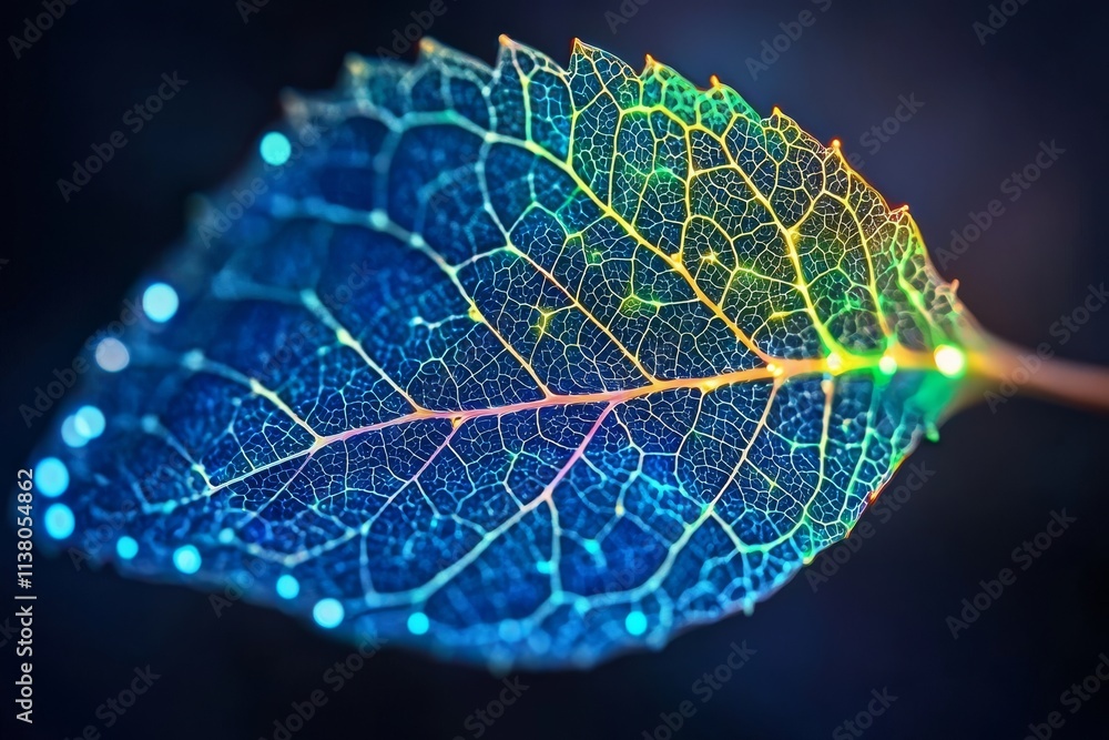 Poster a close-up of a beautiful abstract leaf illuminated in colorful light, showcasing a modern minimalis