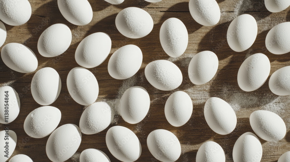 Aufkleber white sugar coated eggs scattered on a rustic picnic table creating a visually appealing textured ba