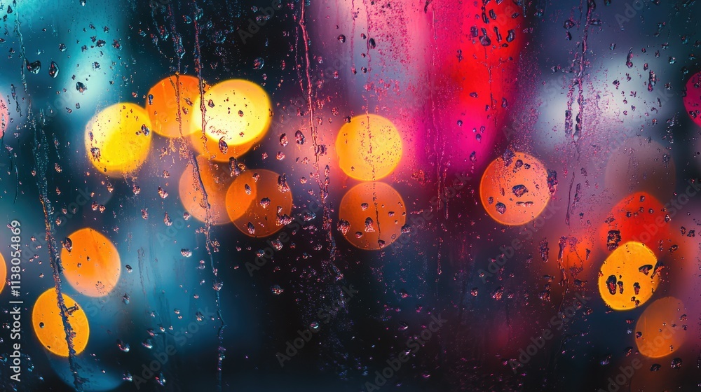 Poster colorful bokeh lights and raindrops on glass surface creating a vivid abstract background depicting 