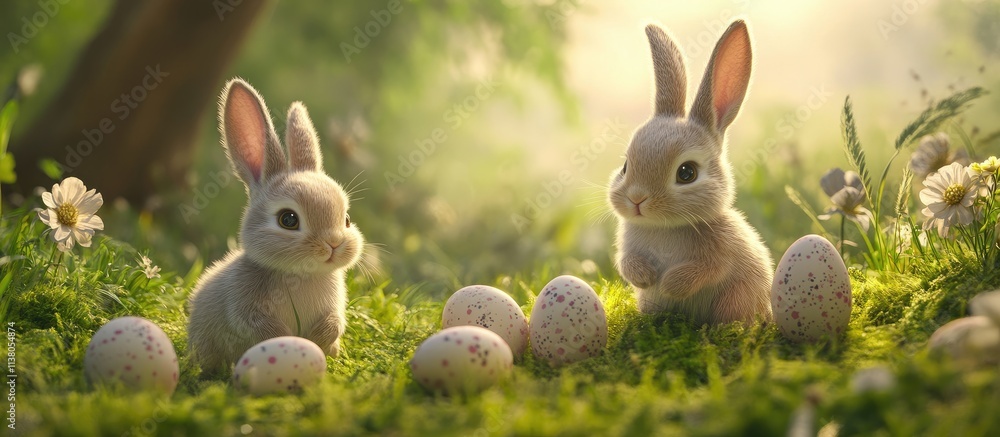Poster charming easter bunnies surrounded by colorful eggs in a serene spring setting with soft sunlight an