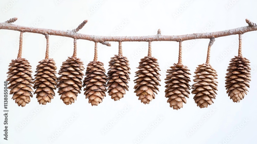 Poster spruce pinecones hanging from a branch in macro view showcasing natural textures and details on a li