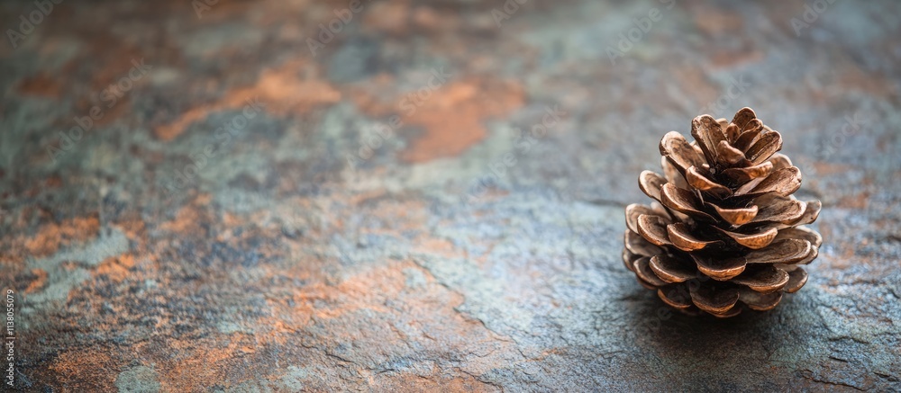 Aufkleber pine cone ornament on rustic stone background with soft focus and ample copy space for holiday or na
