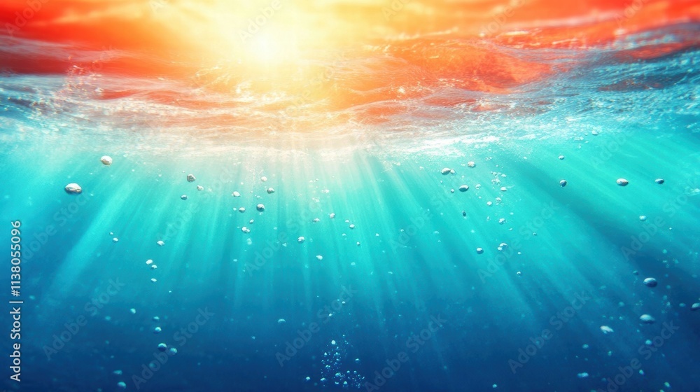 Poster a serene underwater scene showcasing soft sunlight filtering through ocean waves, creating a tranqui