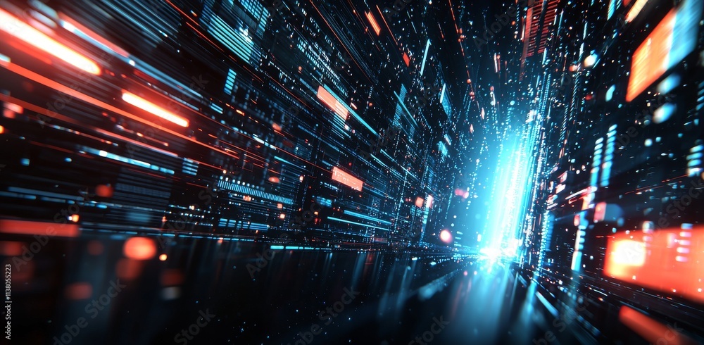 Poster a three-dimensional depiction of a neural network, highlighting big data and cybersecurity, data flo